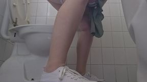 Big pee in public bathroom hot summer day