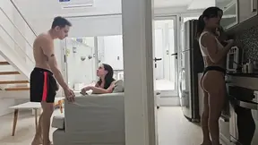 Two hot petites share lucky cock in steamy POV double blowjob