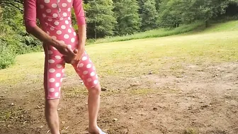 Young Guy in Mid-Length Bikini Jerks Off and Cums Outdoors