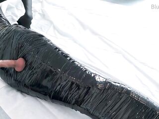 femboy in catsuit and haunch boots self mummified and CBT balls punishment e-stimluation and cum