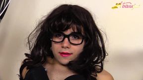 Curly hair tranny riding a dildo and pissing all over the floor