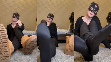 Glazed nylon sole calloused toes choking down the mistress dirty socks