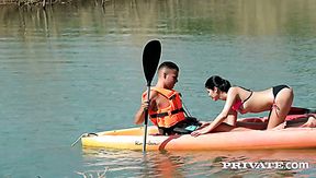 Tempting Lady Dee riding hard cock like a cowgirl having sensual sex by the lake