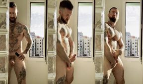 Tattooed Muscle Jock Gushes Cum Flood in Steamy Shower Destroy