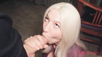 Blonde bombshell strips skirt rides boss while he piles cum on her face