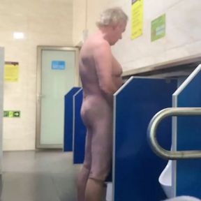 Naked jerk off in public toilet