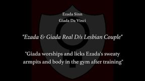 Giada worships and licks Ezada's sweaty  armpits and body in the gym after training with lesbian domination, lezdom, lesbian slave