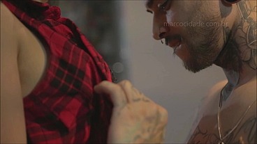 naughty nerd giving to tattooed friend