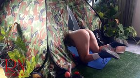 Sex in camp. A stranger fucks a nudist lady in her pussy in a camping in nature