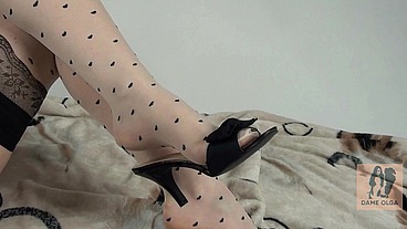 Shoejob in Kitten Heel Mules and Footjob in Nude Stockings - Dame Olga 1080p (006B)