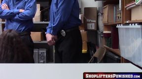 Curvy teen gets double doggystyle and spitroast by two big cock guards
