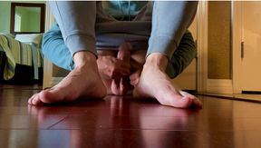 Showing my sexy bare feet, my big nuts and my thick raging hard mushroom head cock