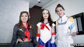 ”Three BESTFRIEND cosplay sluts gangbang a pervy dude”