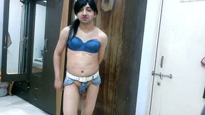 Sweet sissy crossdresser femboy Sweet Lollipop in beach style outfit.