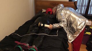 Rubber boy latex bondage breathplay: fun with my sweaty shirt and light control