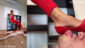 Lytta Blond High Heels Trampling with Footjob CBT and Cum Lick Lytta Trampling and Ballbusting