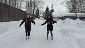 High heels mules on ice, high heels on snow, slippery high heels, high heels sliding