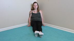Rhea peels off her work socks to show her feet (4k)