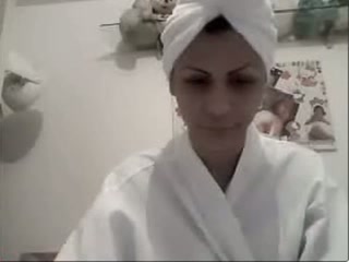 Awesome webcam babe in bathrobe was chatting with my buddy in bathroom