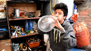 In a cellar inflating condoms