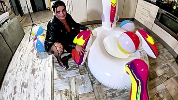 Dominant Biker Leather MILF Inflatable Office Fantasy. Beach Balls, Oral, Doggy and Cum Play preview