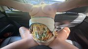 Slut rides my cock in the backseat