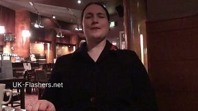 Chubby voyeur Alyss fingers herself in public restaurant