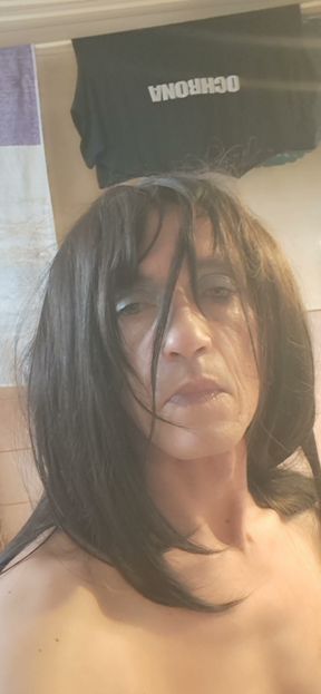 My first makeup and long hair. Sexy lingerie I ride a big dildo. Who likes me in makeup and hair like that?