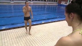 Wonderful brunette babe rides big cock near the swimming pool