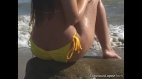 Luscious Lopez yellow bikini in the waves