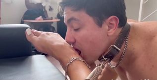 Sexy Goddess in Leather Dominates Collared Slave