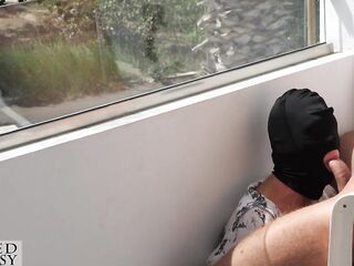 Public Blow job on Sunny Balcony makes him cum fast, during the time that strangers walking by during his spunk fountain