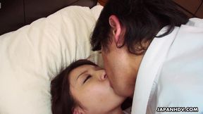 Shaved Asian babe gives a sloppy blowjob in uniform