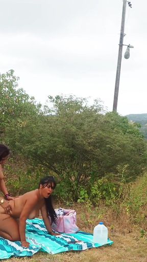 What great lesbian sex in the countryside between a busty stepmother and a curvy stepdaughter   Clip 1