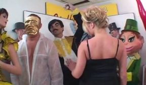 Beautiful tranny gangbanged by masked men