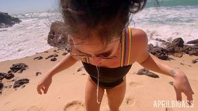 messy watersports submission on a secluded beach