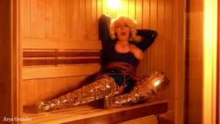 Latex Rubber Catsuit and Rope Bondage: hot blonde MILF trying to escape and masturbate wet pussy