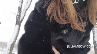 Milf walks almost naked in winter