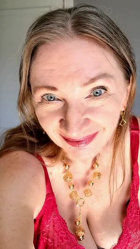 Hottest GILF ever with huge tits teasing in red