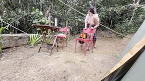 naughty woman gives a blowjob and rides a stranger at the campsite.