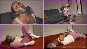 Luna - Escape challenge for the rent - Bondage, tape gagged with sponge ball, tape tied, chair tied, frogtied, hogtied, struggling to get free, impossible escape, muffled cries - 4K Ultra HD