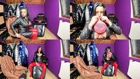 Dominant MILF Whoopee Cushion Fetish in Leather &amp; Shiny PVC. Loud Fart Sounds and Sexy Sitting