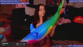 Cute Girl in a Micro Bikini Inflates Inflatable Dolphin and Bounces on it until it Pops!