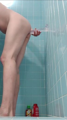 Standing up with my clear 14 inch dildo