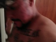 Guy having hard time fucking his tight ass with huge dildo almost got caught