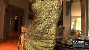 Sexy muscular Abby Marie shows everything off in gold dress