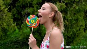 Poppy Pleasure, dorky teen with braces, sucks lollipop and some cock