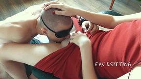 Masked pussy-diver pleases his dominant lady. Femdom scene from Russia