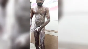 Mature Indian Bear Strokes Uncut Cock in Shower