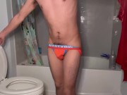 Taking off Jockstrap to Pee Asian Twink and trying be quiet with other mates Home
